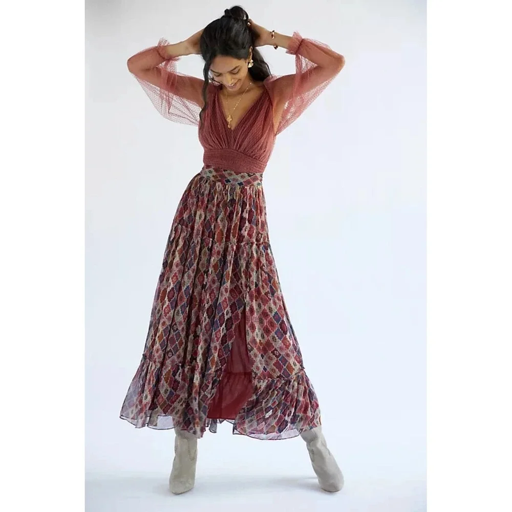 Anthropologie Nikita Mhaisalkar Maxi Skirt W/ Slit Ruffle Lined Geometric Small - Picture 5 of 9
